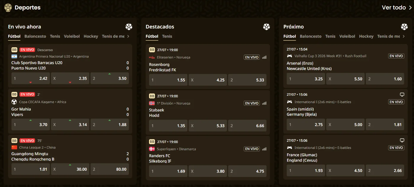 Apuestas deportivas de GoldSpin Casino con partidos de fútbol en vivo, eventos destacados, próximos encuentros y cuotas disponibles
