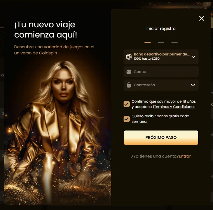 Formulario de registro de GoldSpin Casino con bono deportivo de bienvenida, campos de correo y contraseña y selección de oferta