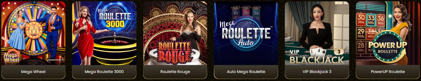 Juegos de casino en vivo de GoldSpin Casino con Mega Wheel, Mega Roulette 3000, Roulette Rouge, Auto Mega Roulette, VIP Blackjack 3 y PowerUP Roulette