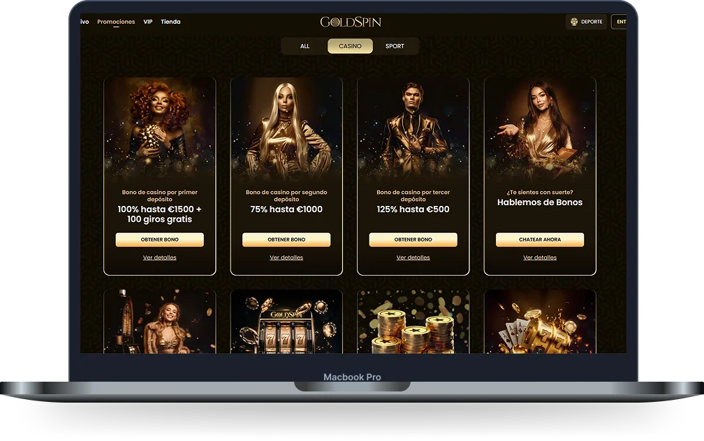 Página de bonos y promociones de GoldSpin Casino con ofertas de primer, segundo y tercer depósito, giros gratis y promociones adicionales