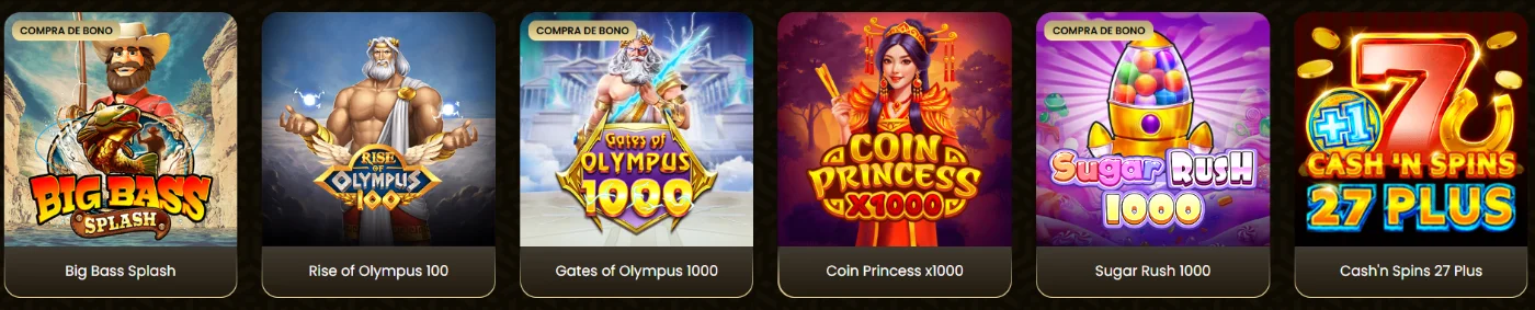 Slots disponibles en GoldSpin Casino, incluidos Big Bass Splash, Rise of Olympus 100, Gates of Olympus 1000, Coin Princess x1000 y Sugar Rush 1000