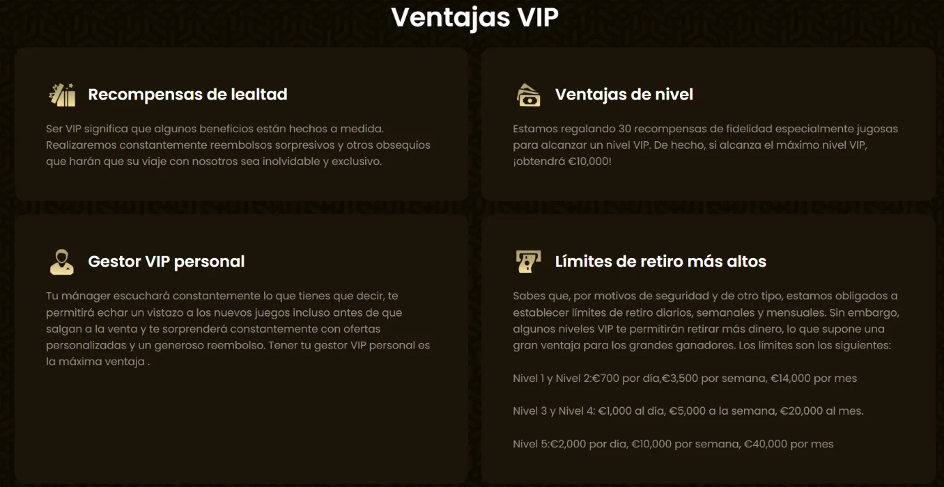 Ventajas VIP de GoldSpin Casino con recompensas de lealtad, gestor VIP personal, beneficios por nivel y límites de retiro más altos