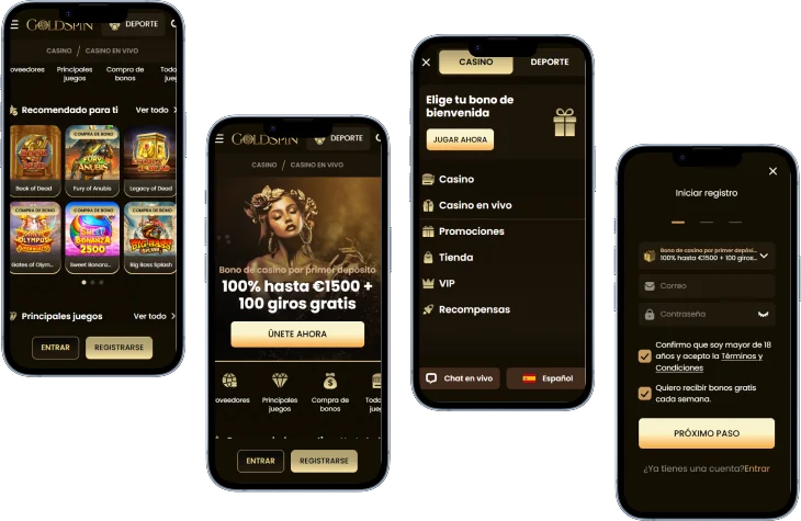 Versión móvil de GoldSpin Casino con juegos, bono de bienvenida, menú y formulario de registro